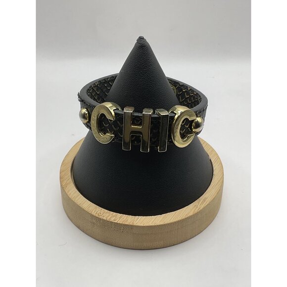 BCBGeneration Black Gold Chic Bracelet Leather Snake Texture Adjustable - Picture 1 of 4